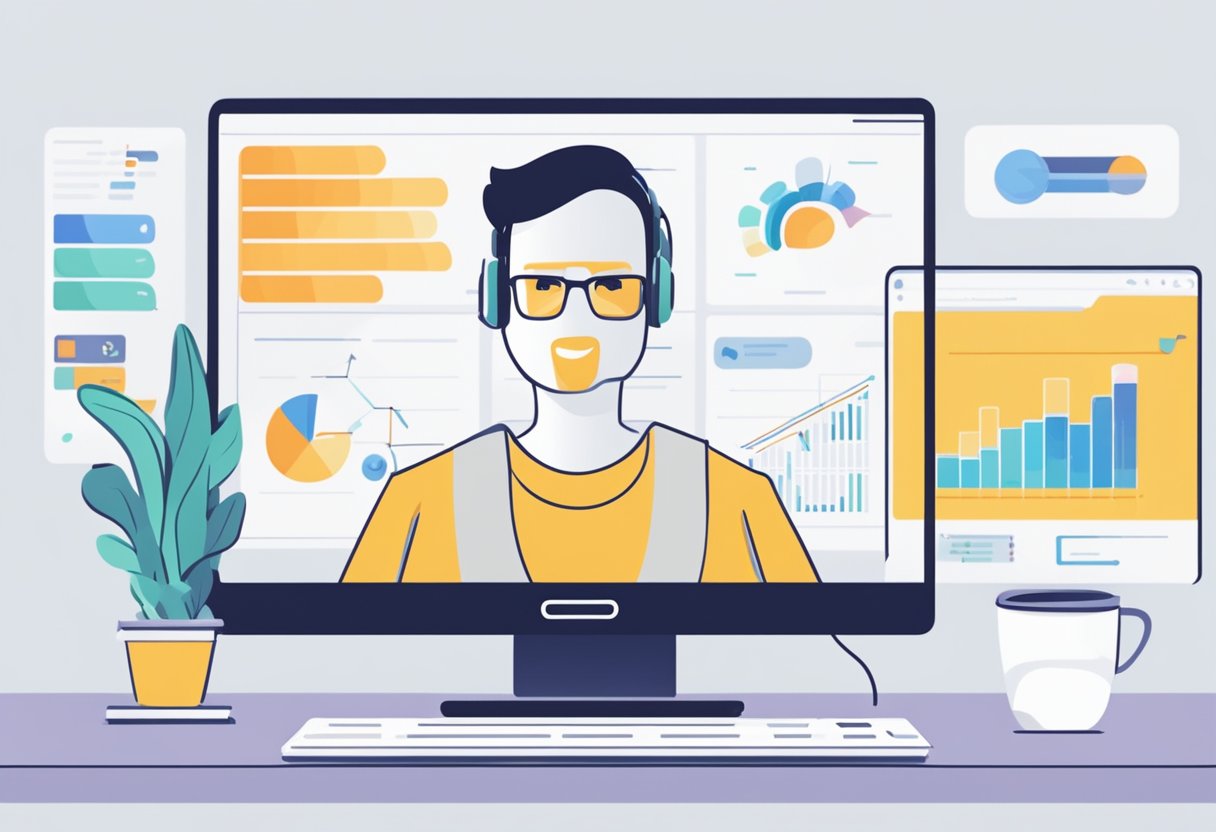 Use AI to analyze nonverbal cues in video interviews. Show a computer screen with data analysis and visual representation of speech patterns