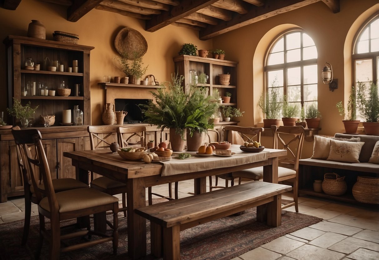 A cozy living room with a large wooden table, chairs, and shelves adorned with Tuscan-inspired decor. Warm earthy tones and natural textures create a rustic and inviting atmosphere