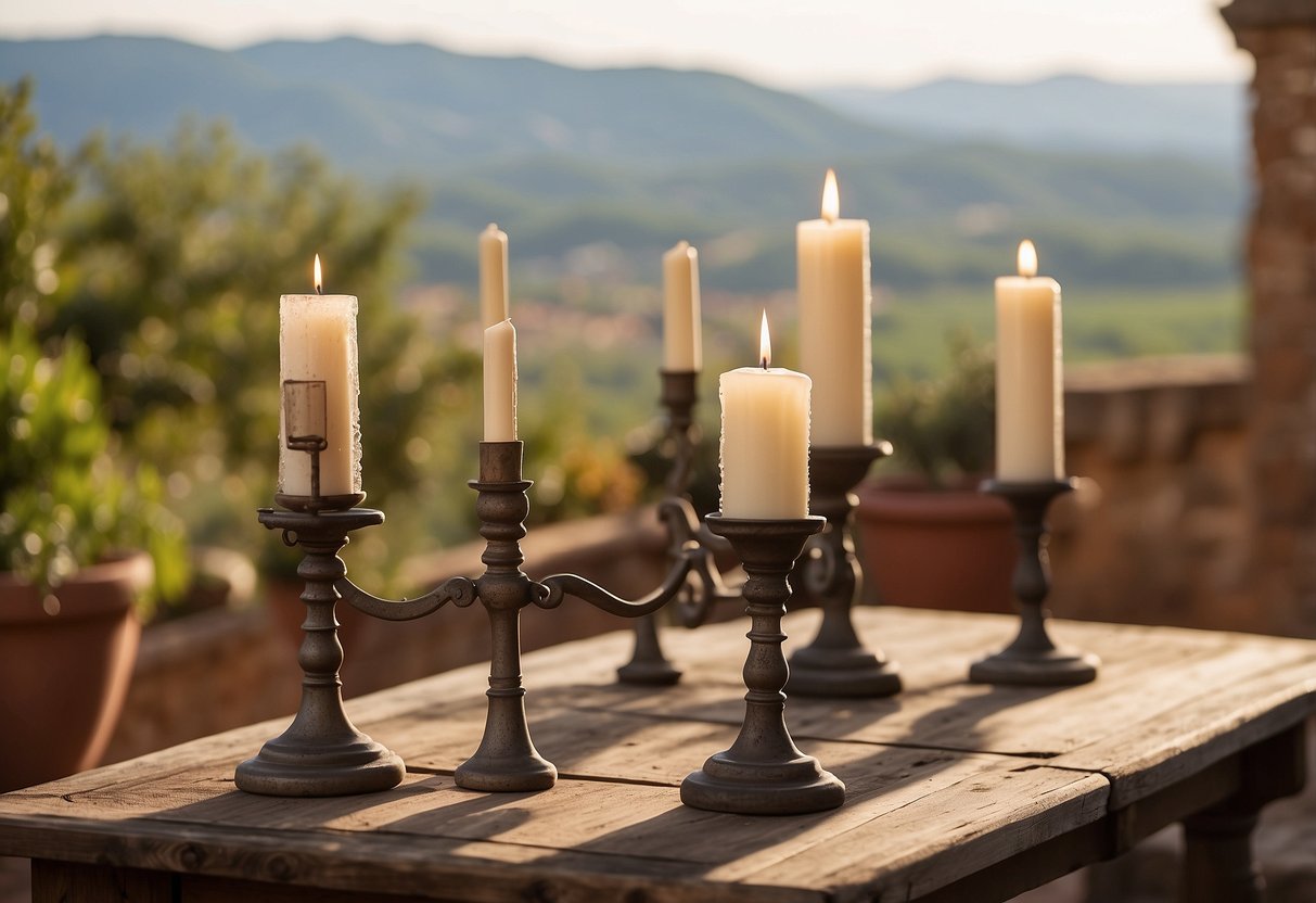 A rustic table adorned with iron candle holders, set against a backdrop of Tuscan-inspired home decor