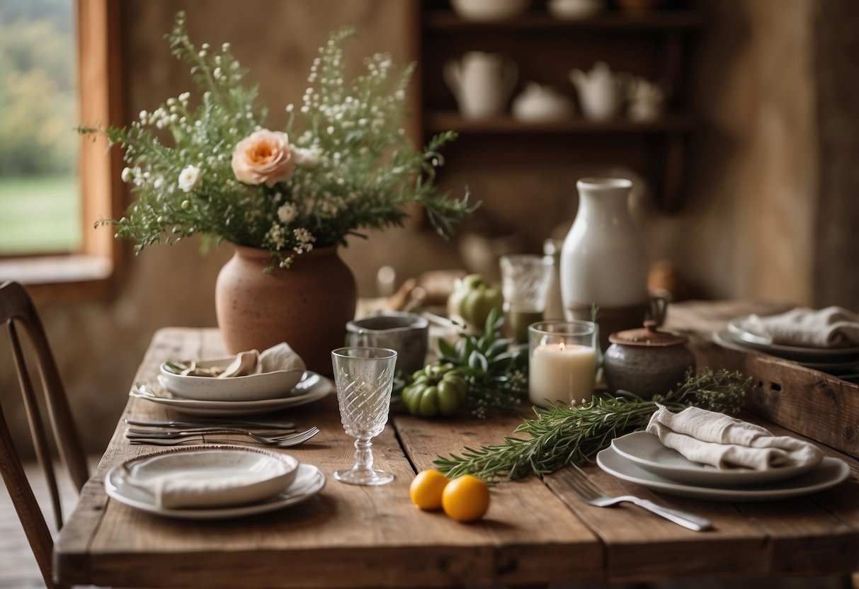 A rustic farmhouse table adorned with Tuscan home decor, including earthy pottery, fresh flowers, and textured linens