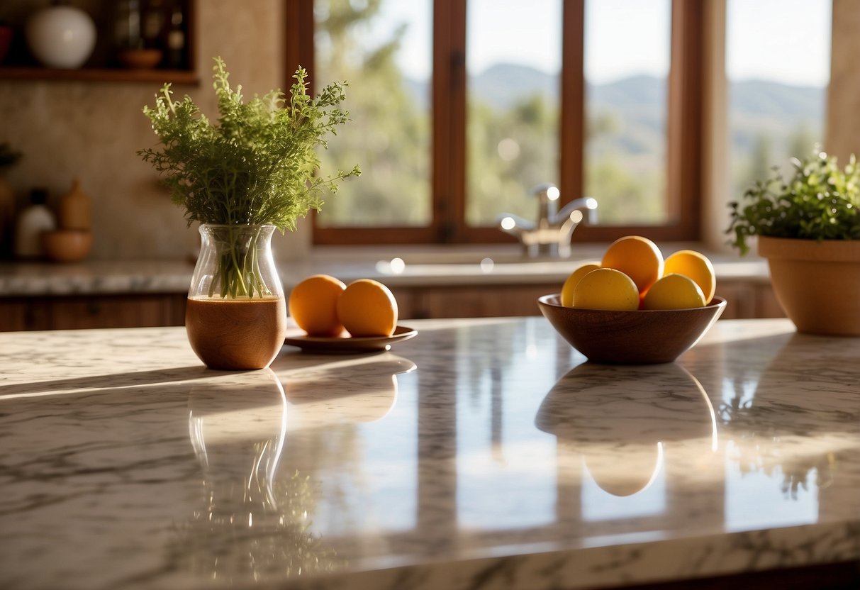 Italian marble countertops gleam in a warm, sunlit Tuscan kitchen. Earthy tones and rustic accents create a cozy, inviting atmosphere