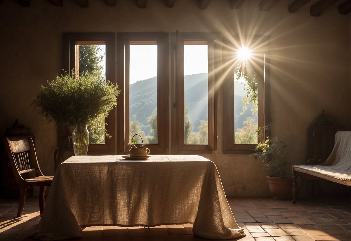 Sunlight streams through open windows onto weathered linens draped over rustic furniture in a Tuscan home, creating a warm and inviting atmosphere