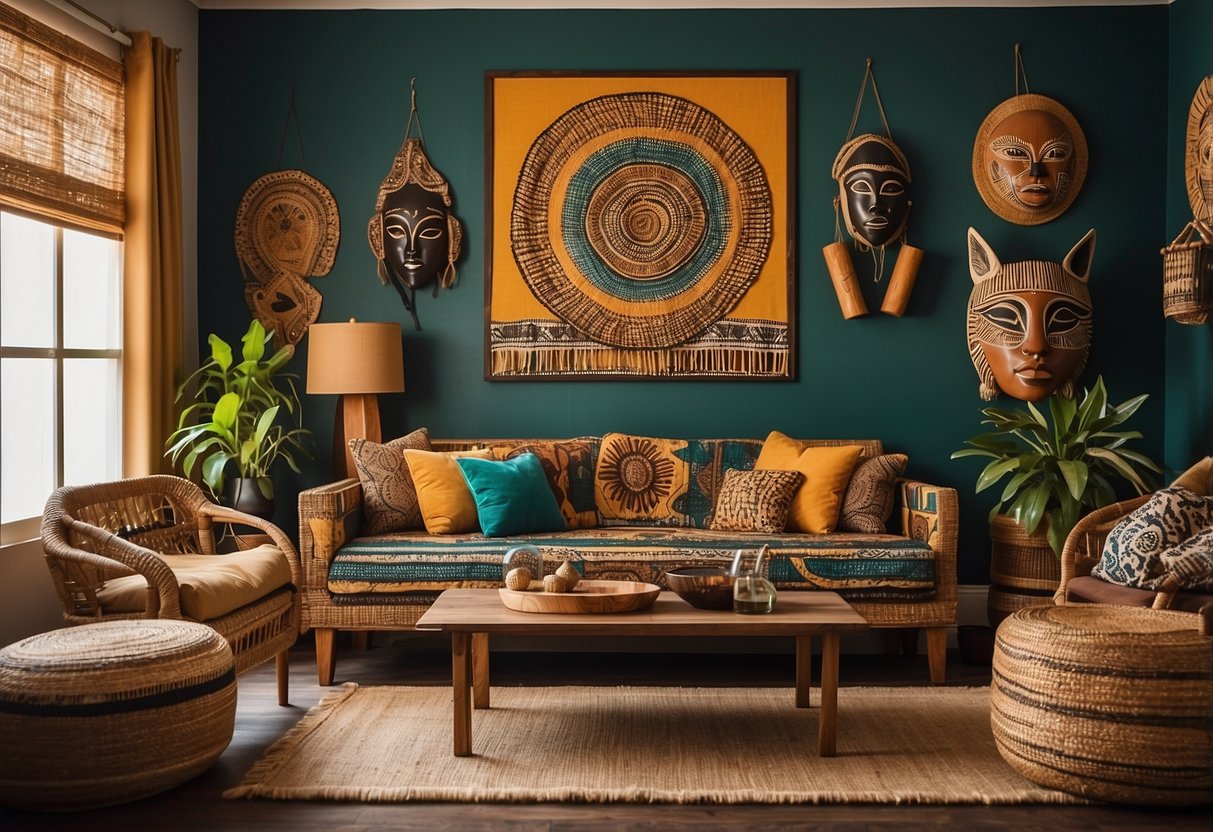 An afrocentric living room with vibrant colors, traditional African patterns, wooden furniture, and woven textiles. A wall adorned with African art and masks