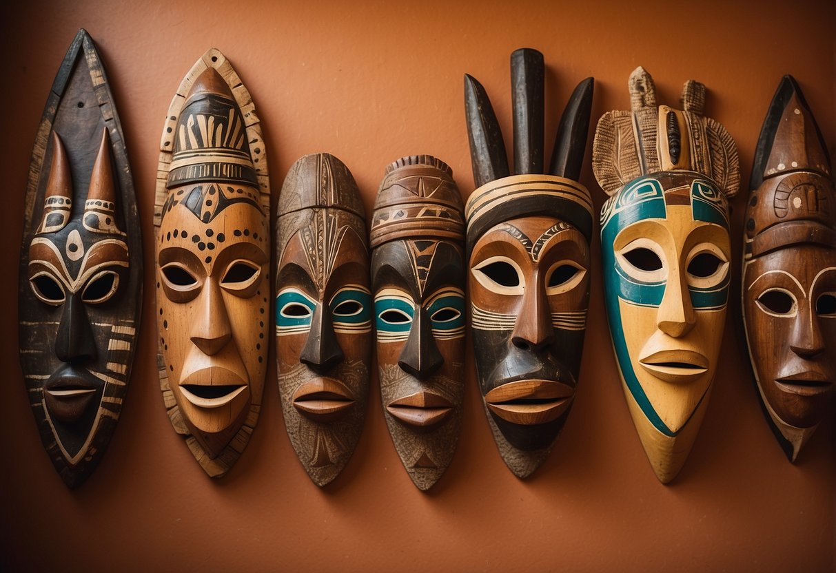 Hand-carved wooden masks hang on a vibrant wall, surrounded by traditional African textiles and pottery. A warm, inviting atmosphere with a focus on Afrocentric home decor