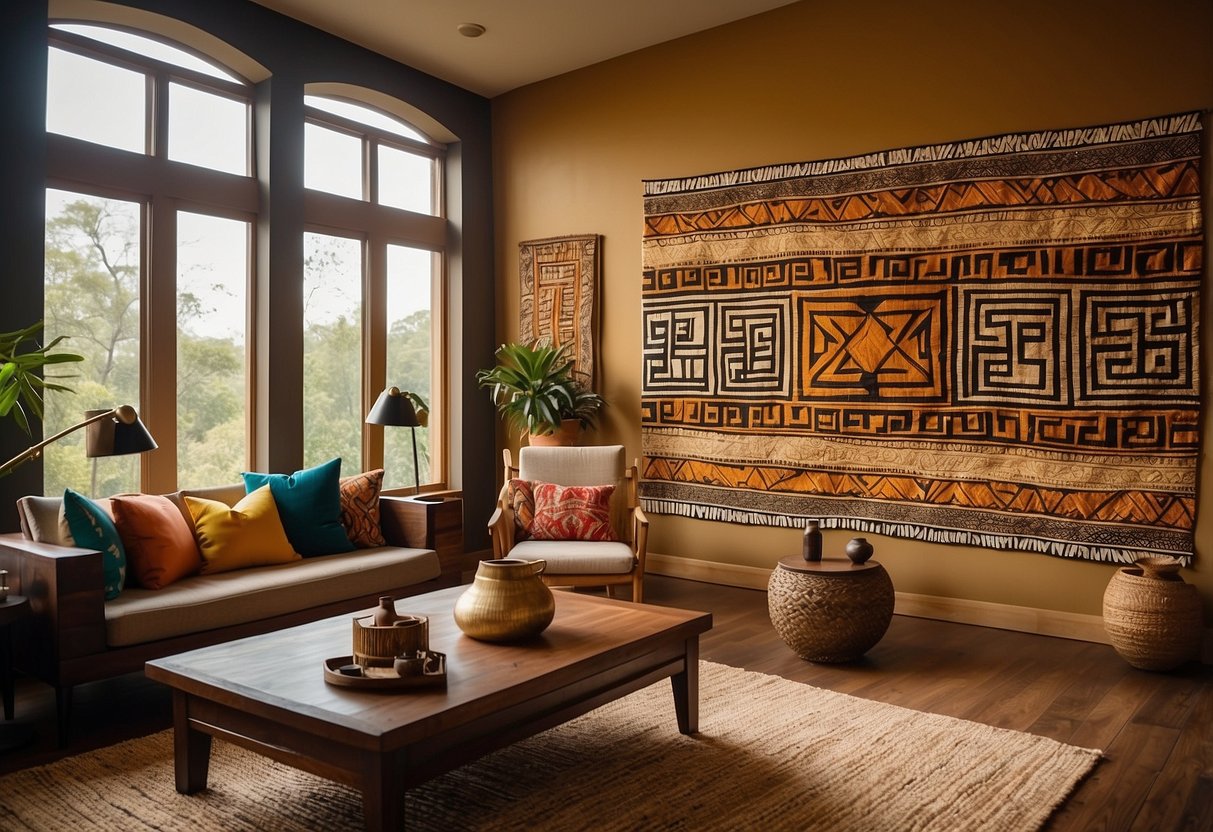 Vibrant Kuba cloth wall art hangs in a well-lit room, surrounded by other afrocentric decor. Rich colors and intricate patterns add warmth and cultural flair to the space