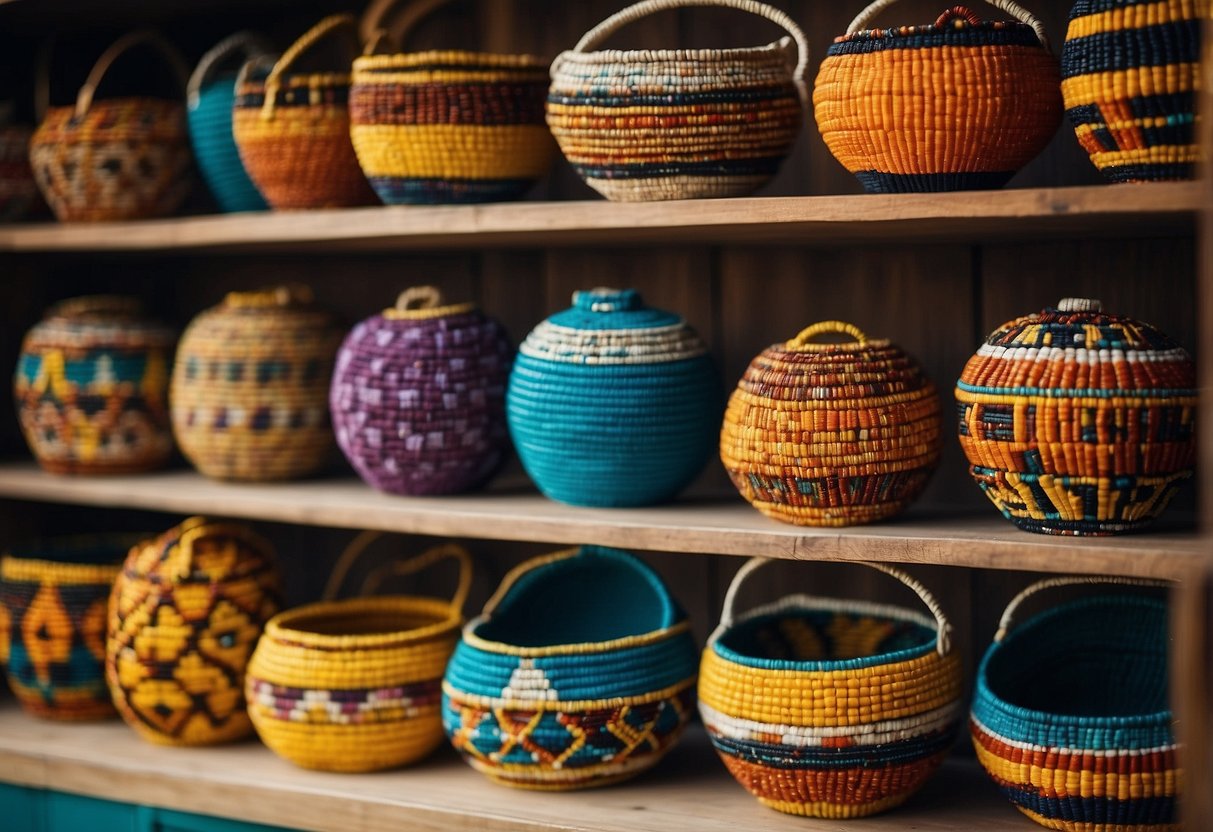 Colorful African beaded baskets arranged on a shelf, with vibrant patterns and intricate designs, adding a touch of Afrocentric flair to the home decor