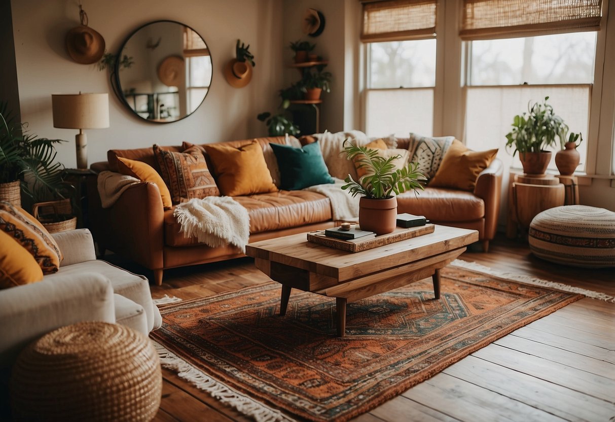 A cozy living room with boho woven rugs, vibrant afrocentric patterns, and earthy decor accents