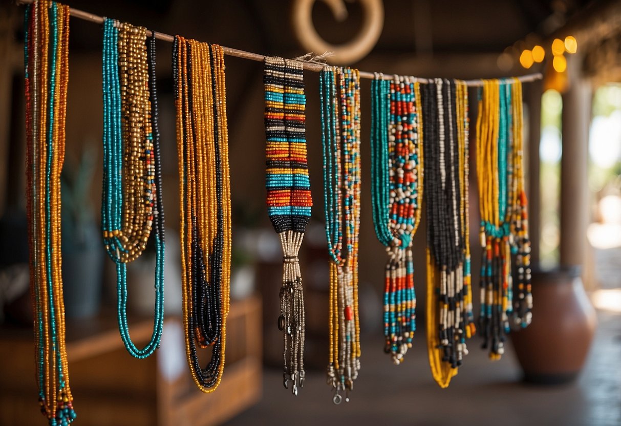 Colorful Zulu beaded necklaces hang from a wooden display, surrounded by vibrant African textiles and traditional pottery. A warm, inviting space with a focus on afrocentric home decor ideas