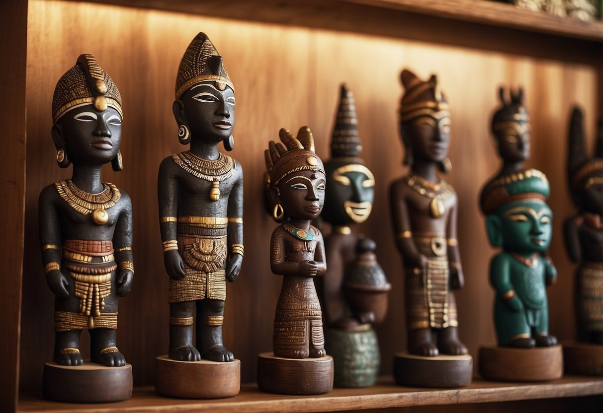 African tribal statues stand tall on wooden shelves, surrounded by vibrant fabrics and traditional masks. The room is filled with earthy tones and natural materials, creating a warm and inviting atmosphere