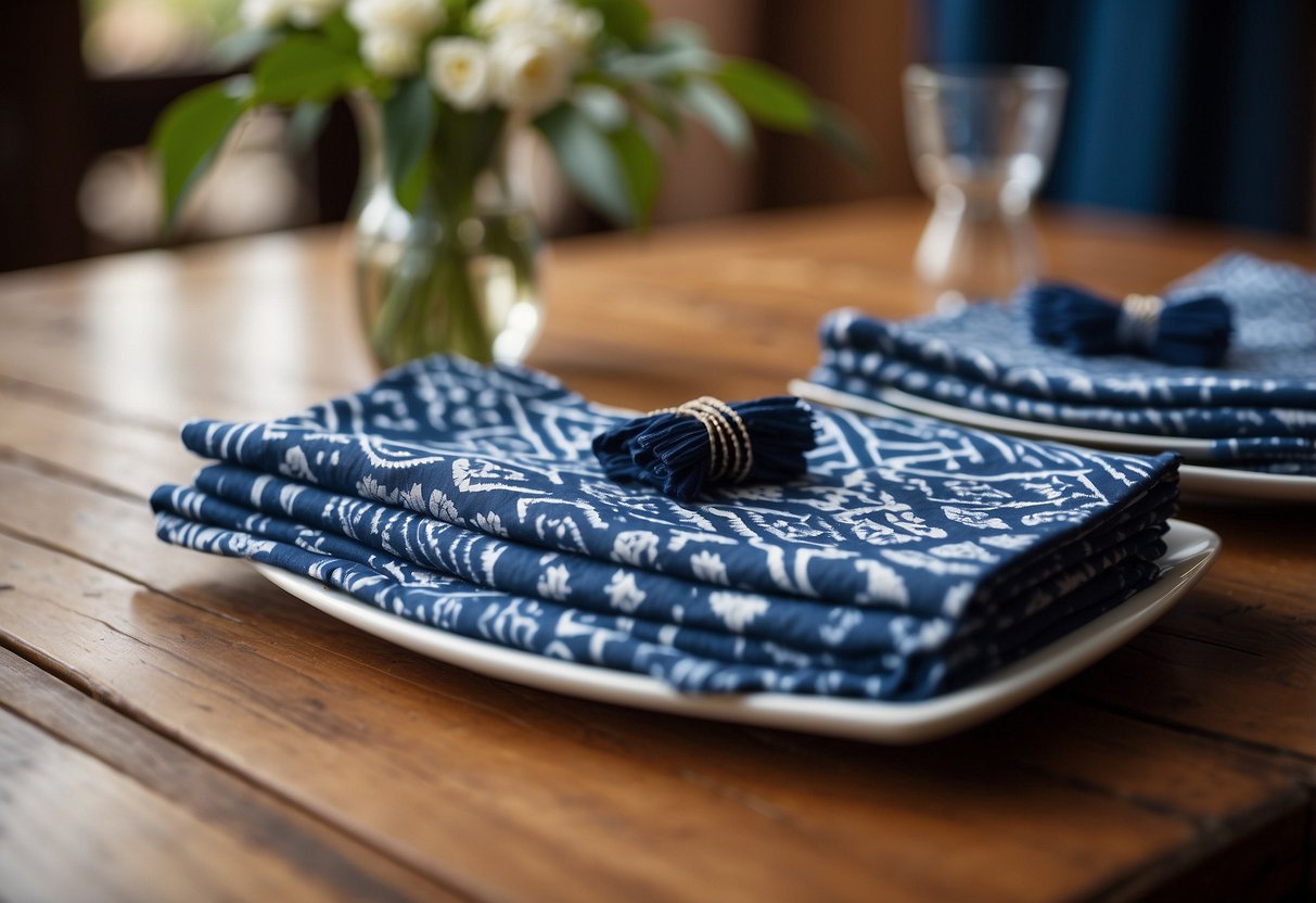 Indigo-dyed napkins arranged on a wooden table with African-inspired patterns and decor in the background