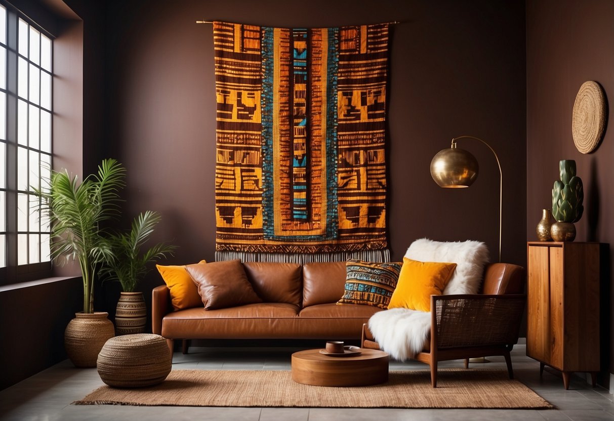 A vibrant Kente Cloth tapestry hangs on a rich mahogany wall, surrounded by African-inspired decor and traditional pottery. Bright colors and geometric patterns add cultural flair to the room