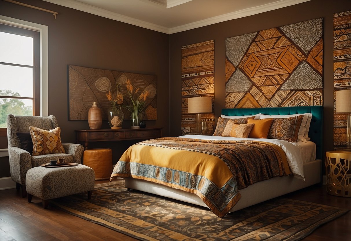 Vibrant colors and bold patterns adorn the walls and textiles of an Afrocentric home, with rich earth tones and geometric designs creating a warm and inviting atmosphere