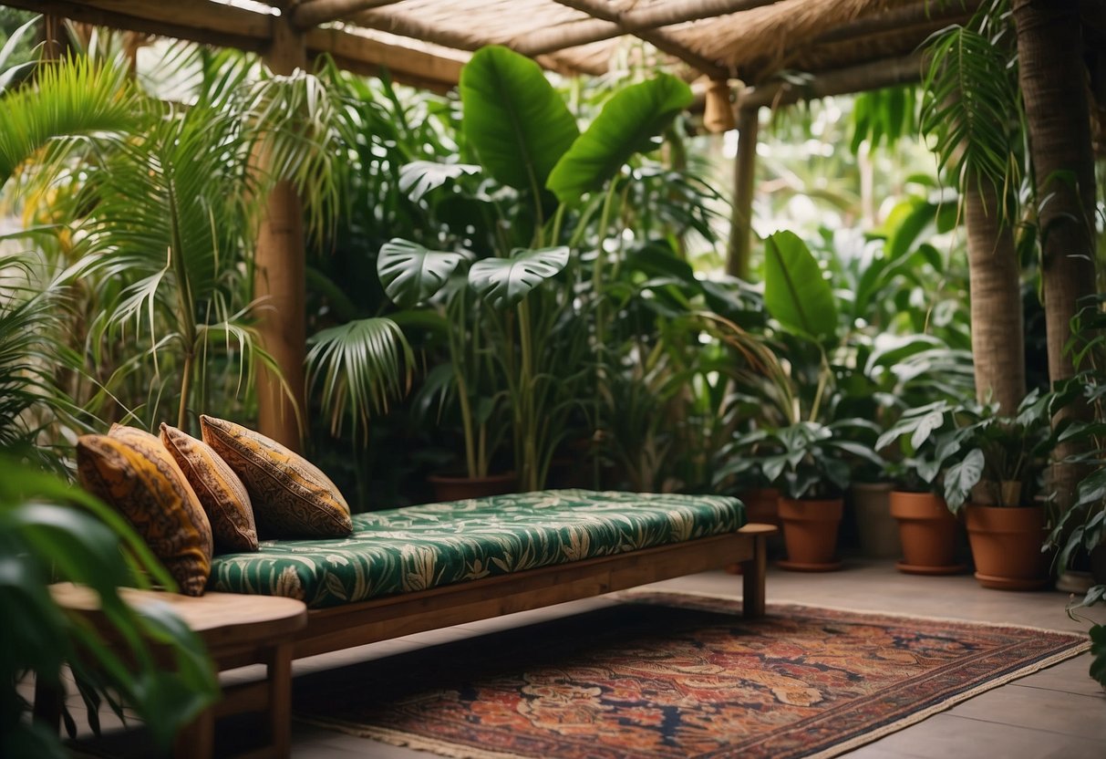 Lush green plants and vines drape over wooden furniture and woven rugs, creating a cozy jungle atmosphere. Brightly colored tropical flowers and animal prints add a pop of exotic flair