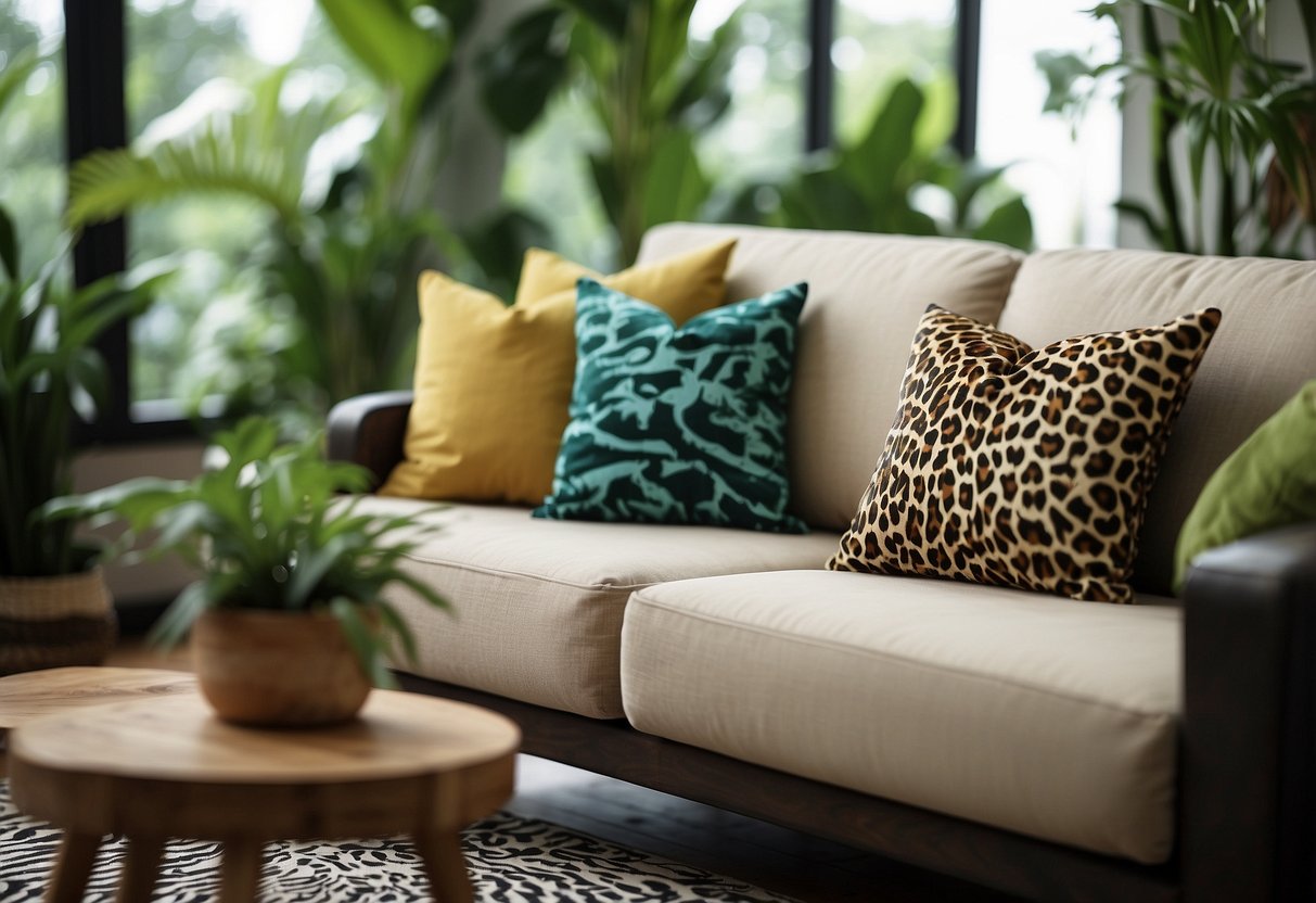 Vibrant animal print cushions adorn a lush jungle-themed living room, adding a pop of wild elegance to the cozy space