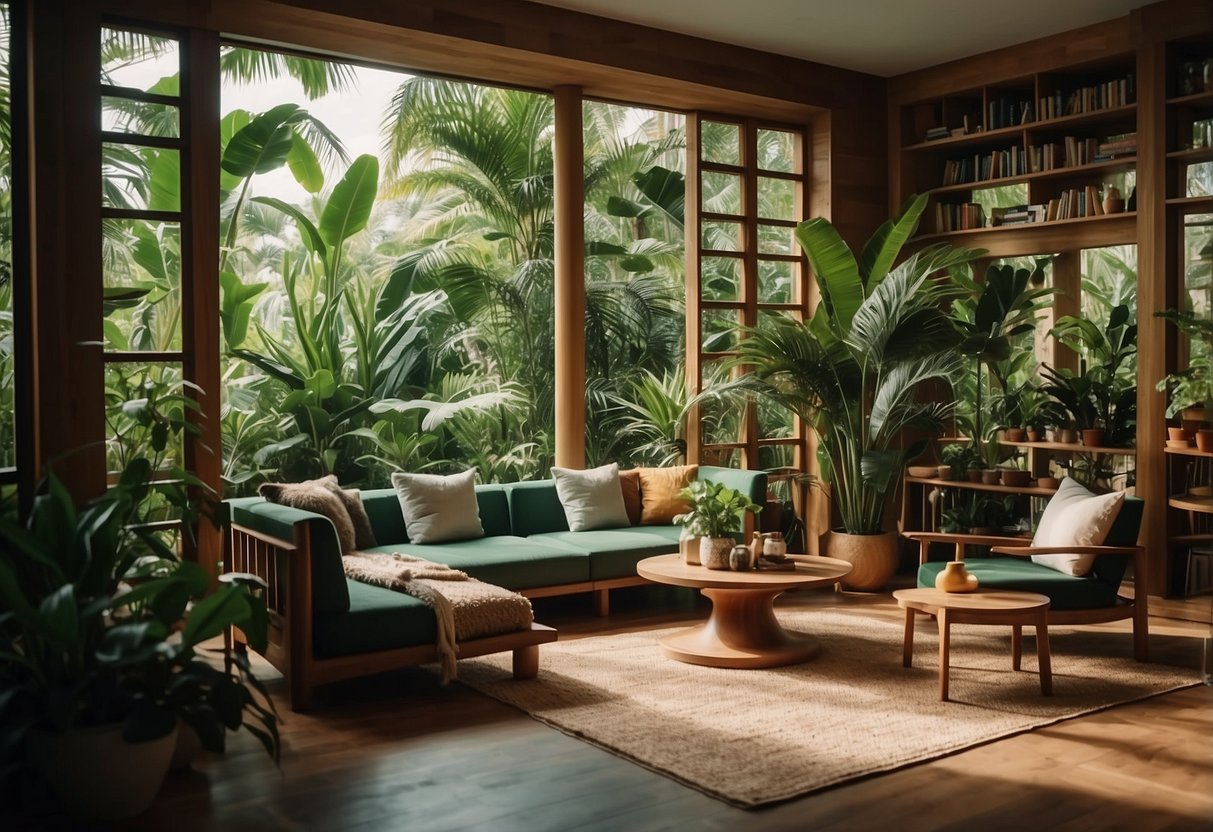 A cozy living room with wooden room dividers, adorned with lush green foliage and tropical plants, creating a jungle-inspired home decor