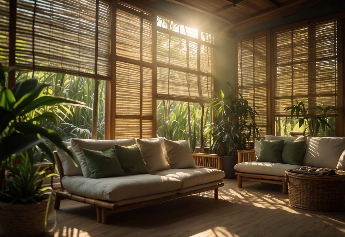 Sunlight filters through bamboo blinds, casting dappled shadows on lush greenery. A cozy jungle home decor with natural textures and serene ambiance