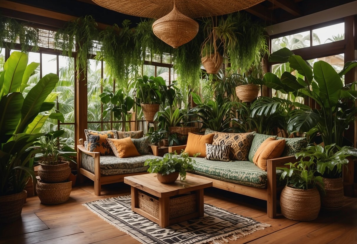 Lush greenery drapes over wooden furniture, adorned with vibrant patterned pillows and woven baskets. Hanging plants cascade from the ceiling, while animal print rugs and tropical artwork add a touch of exotic flair