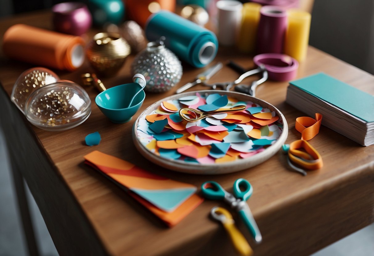 A table with colorful paper, glue, scissors, and decorative items for DIY home decor