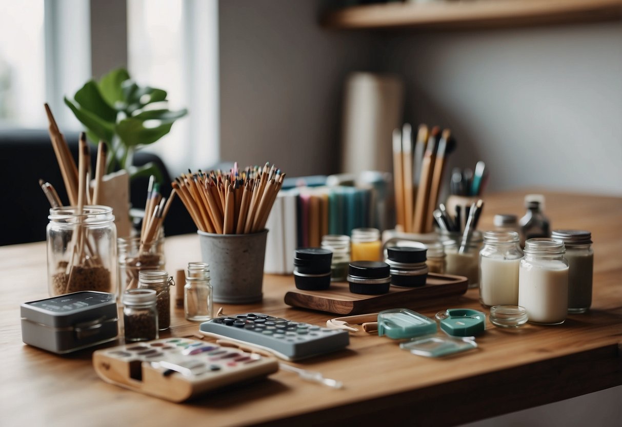 A table with art supplies, a blank wall, and various DIY home decor crafts displayed