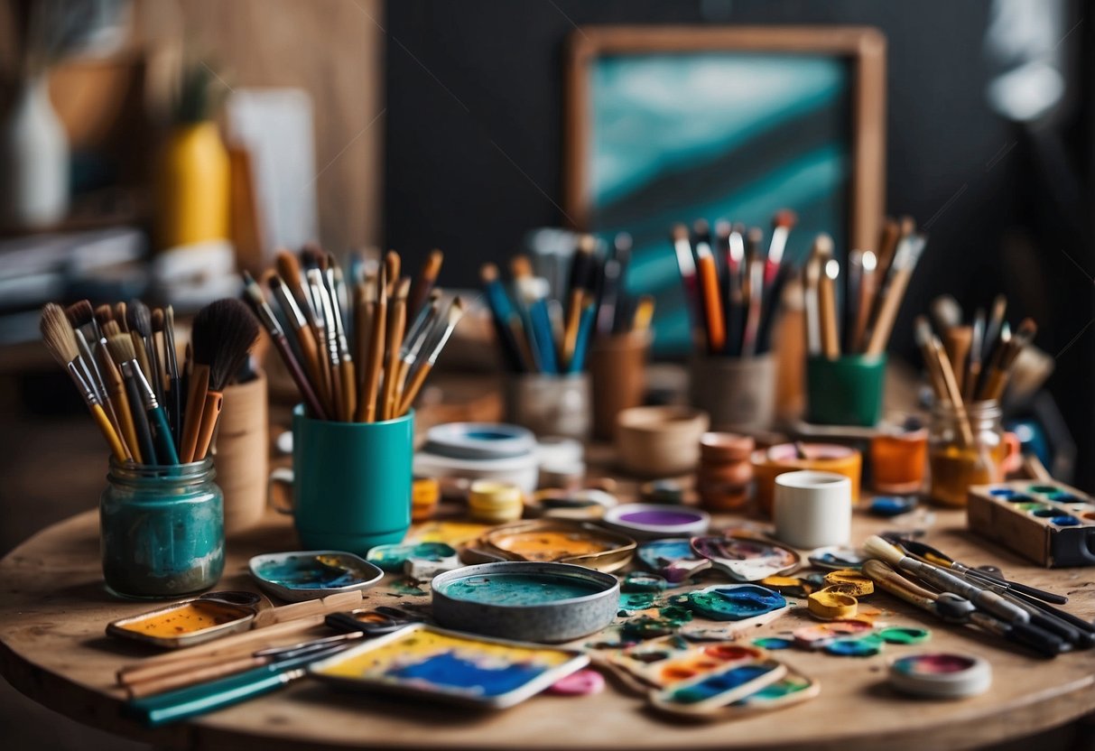 A table with various art supplies scattered on top, including paintbrushes, acrylic paints, canvases, and decorative papers. A wall with empty frames in the background