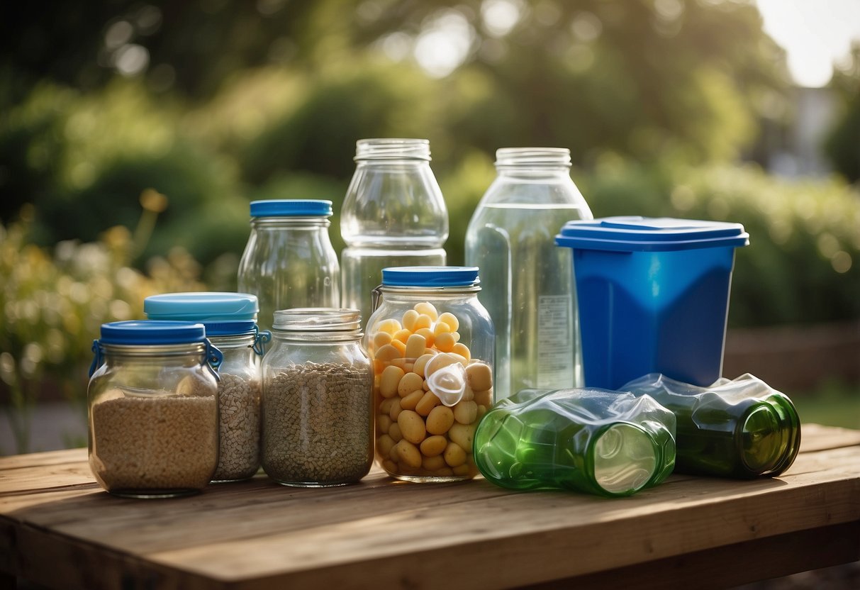 A table with assorted recyclable items: glass jars, cardboard boxes, and plastic bottles. A recycling bin nearby. Bright natural light illuminates the scene