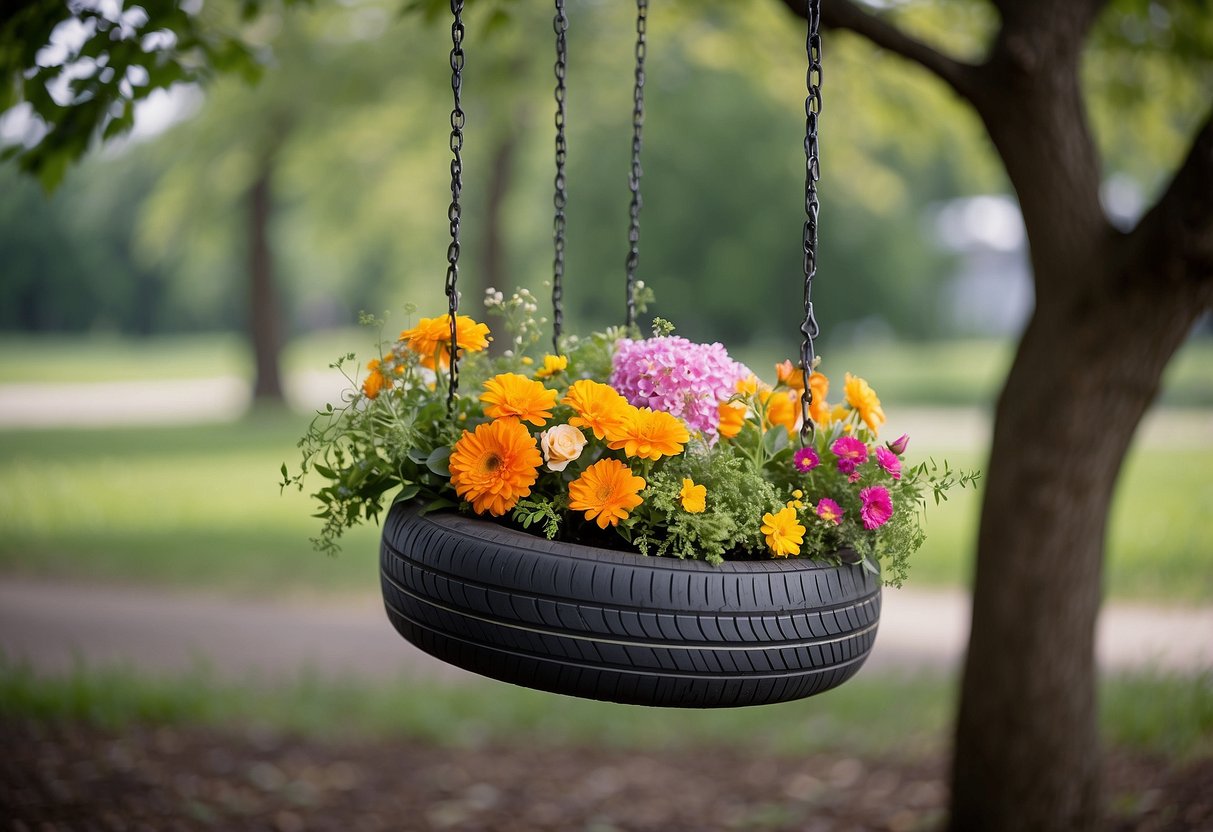 A tire swing planter hanging from a sturdy tree branch, filled with vibrant flowers and greenery, adding a touch of whimsy to the outdoor space