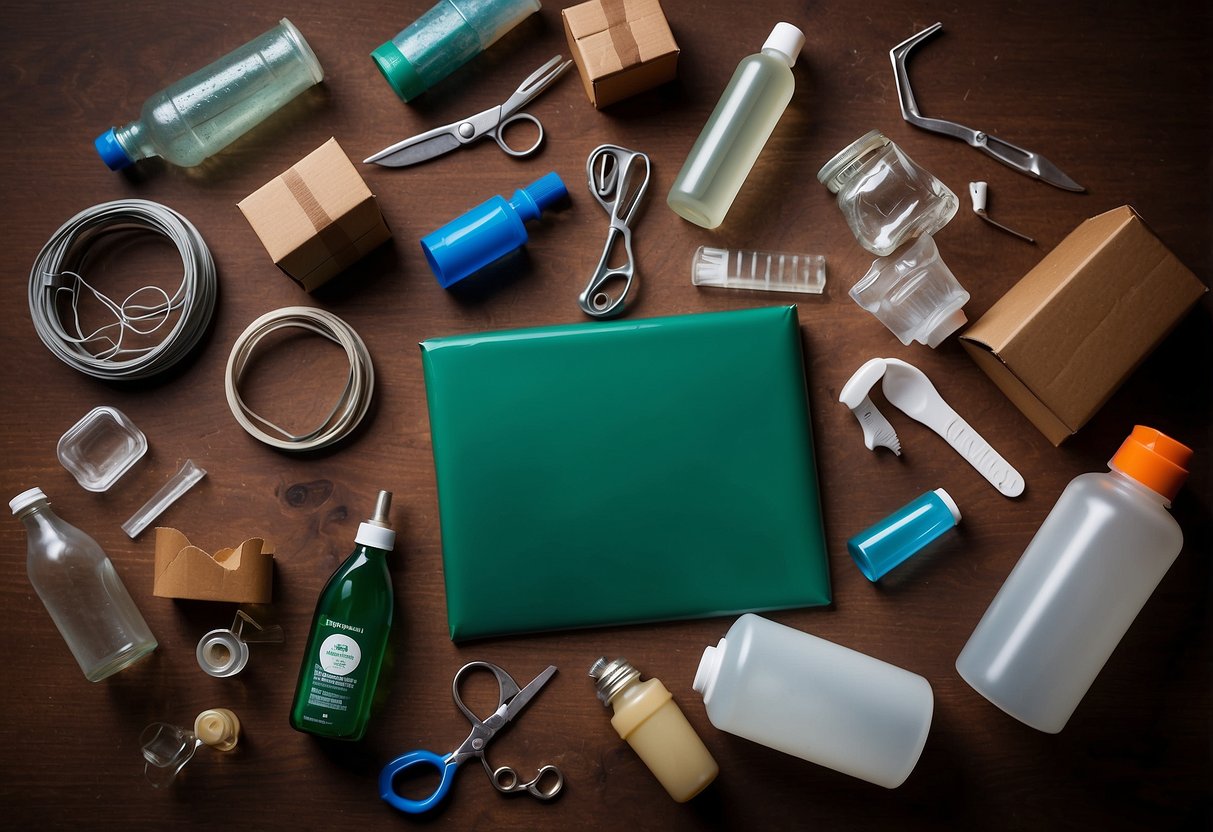 Various recyclable materials scattered on a table, including glass bottles, cardboard boxes, and plastic containers. A pair of scissors and glue nearby