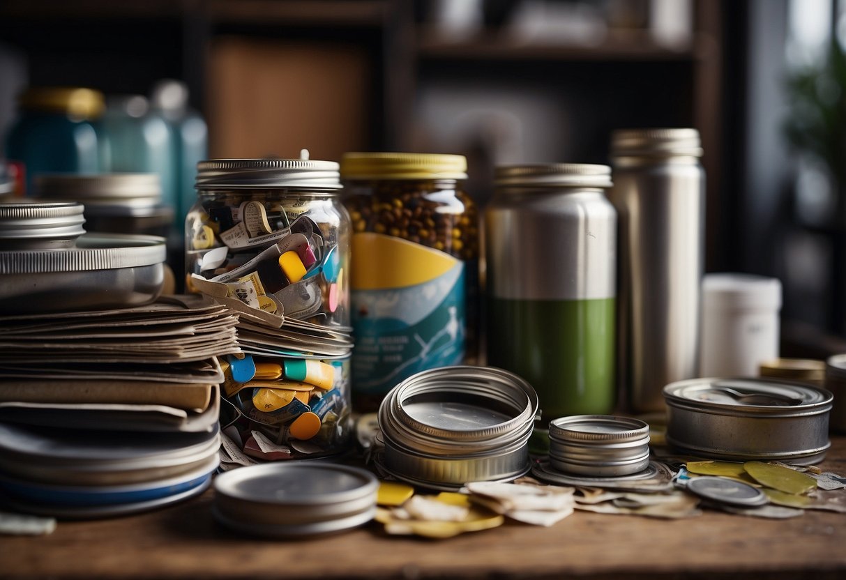 A table covered in old magazines, scissors, and glue. A stack of empty glass jars and cans nearby. A shelf with paint and brushes