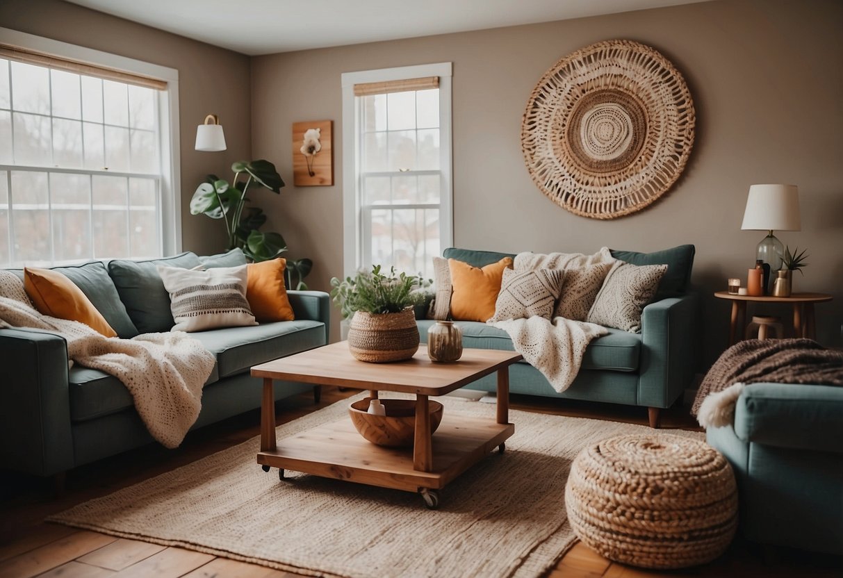 A cozy living room with DIY wall art, handmade throw pillows, and upcycled furniture. Bright colors and natural materials create a warm and inviting atmosphere