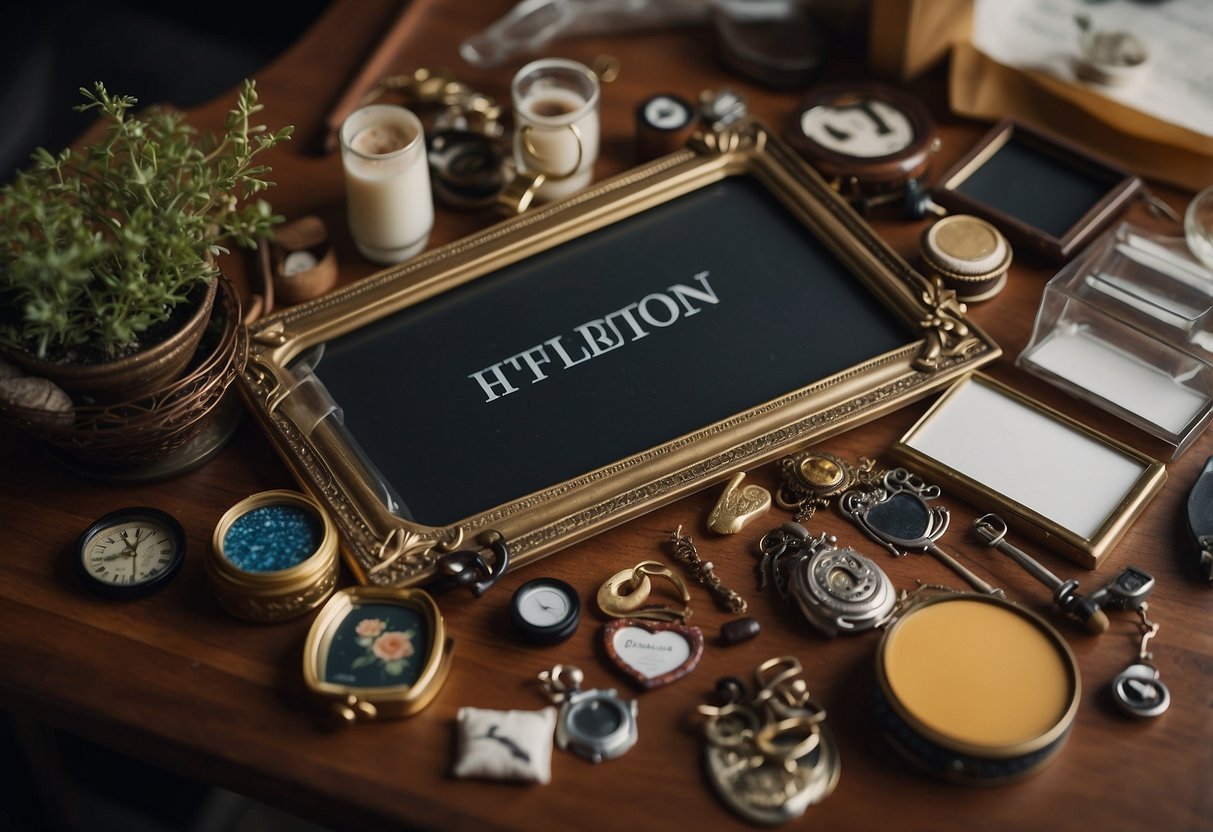 Assorted picture frames arranged on a table with crafting materials nearby. A finished frame displays creative upcycling