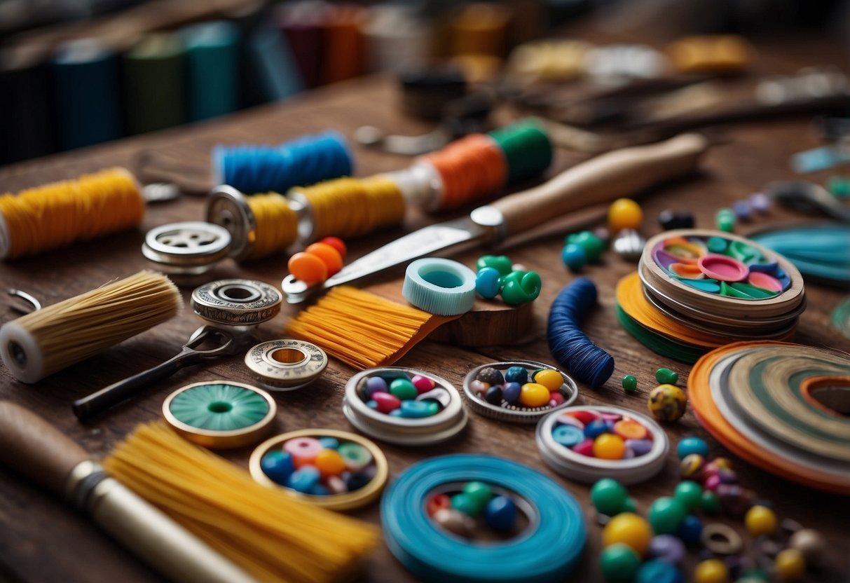 A table with paintbrushes, glue, scissors, and colorful paper. Also, a variety of beads, ribbons, and fabric swatches