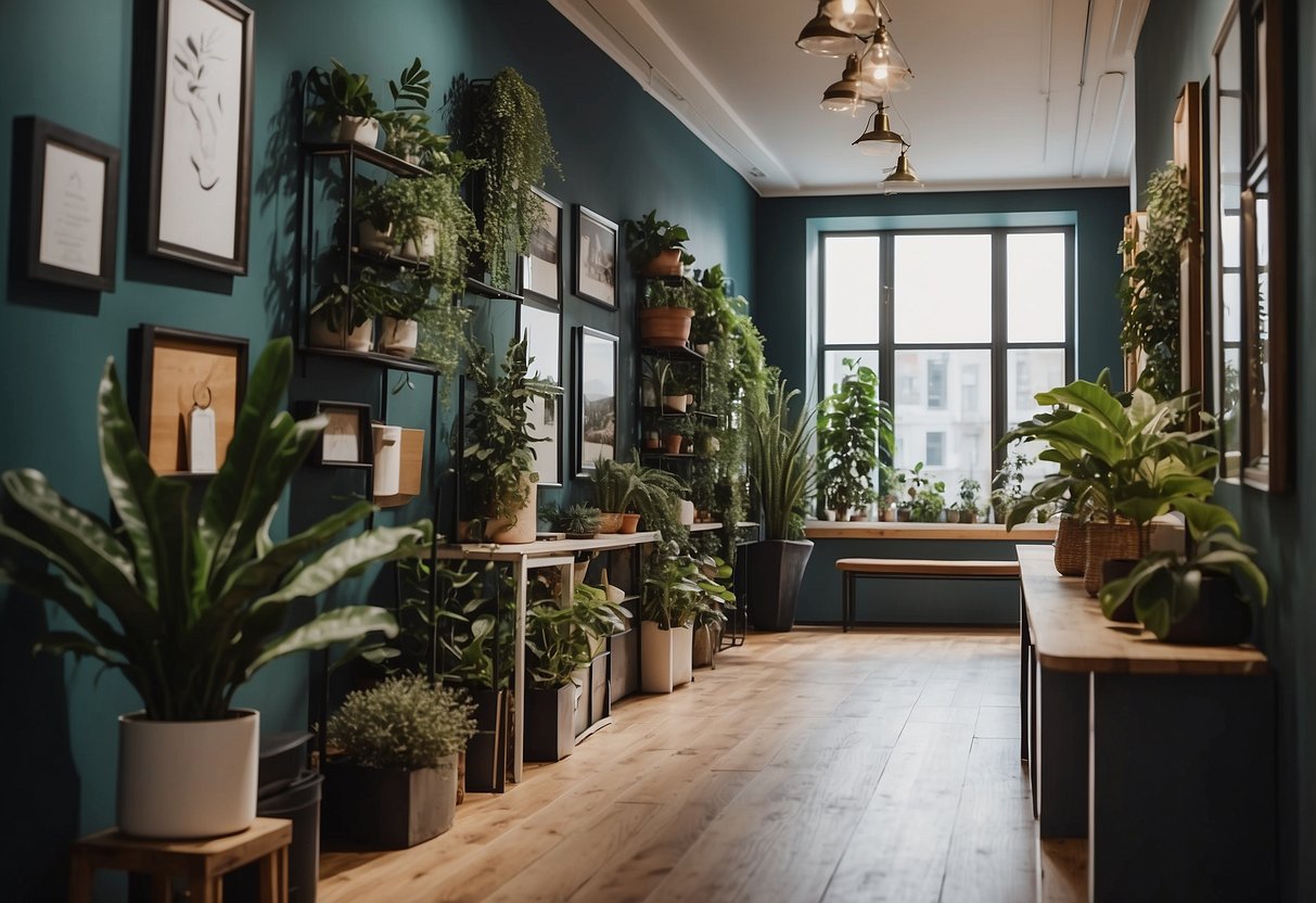 A hallway with various DIY wall decor such as framed artwork, hanging plants, and decorative shelves