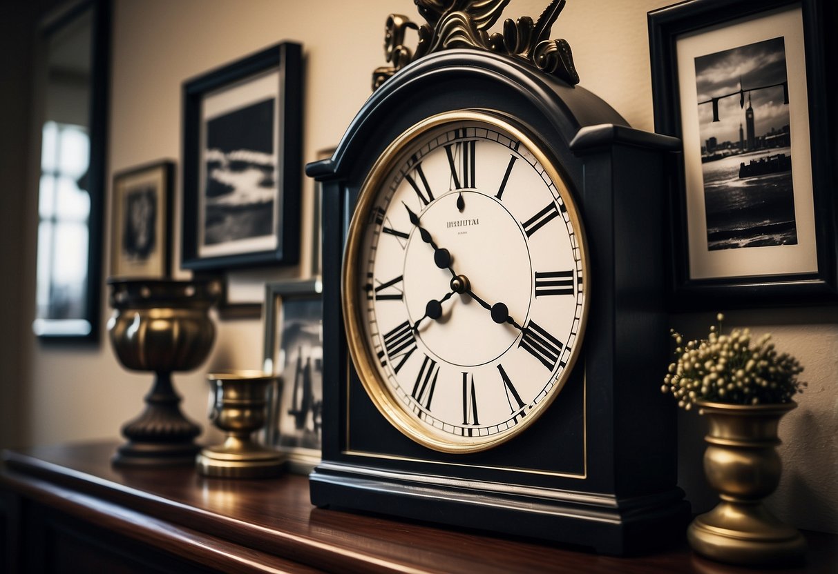 A vintage wall clock hangs above a hallway table, surrounded by framed black and white photos. The clock's hands point to the Roman numerals, adding a touch of nostalgia to the decor