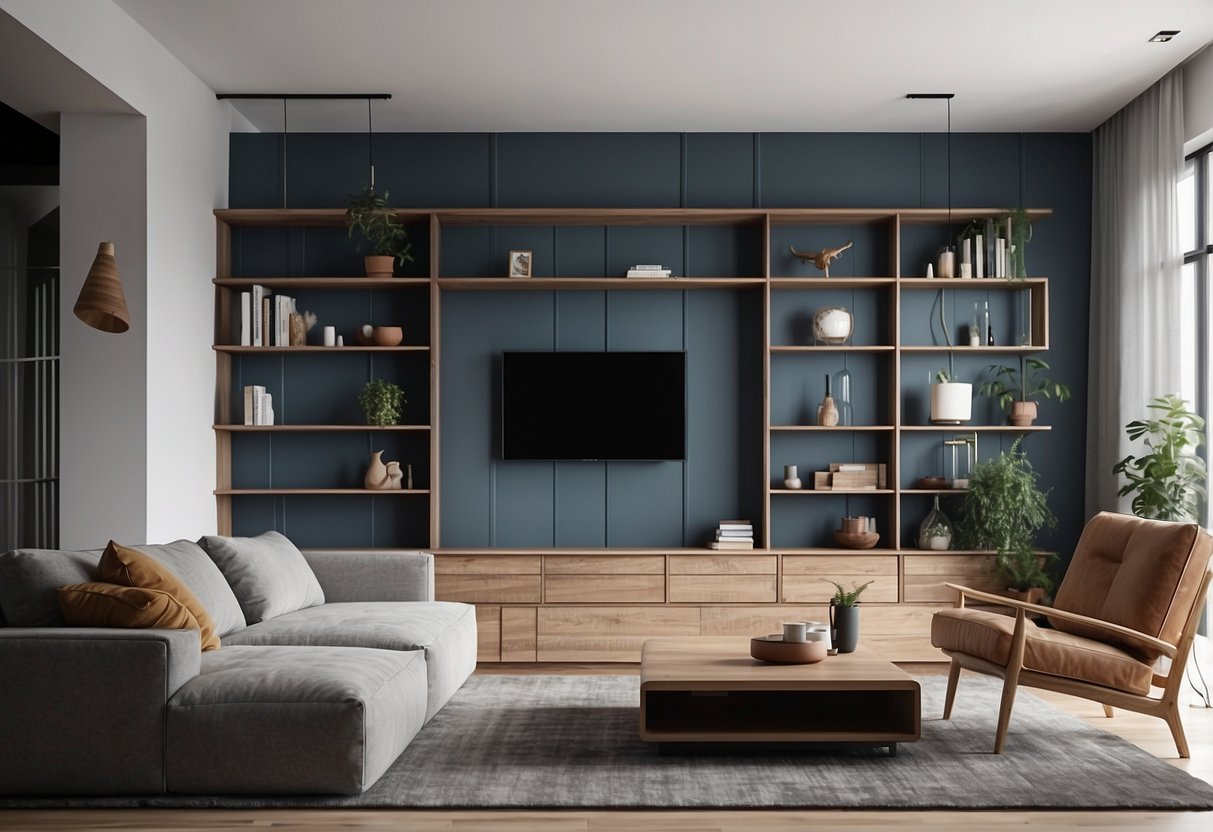 A modern living room with geometric shelving units as large wall decor