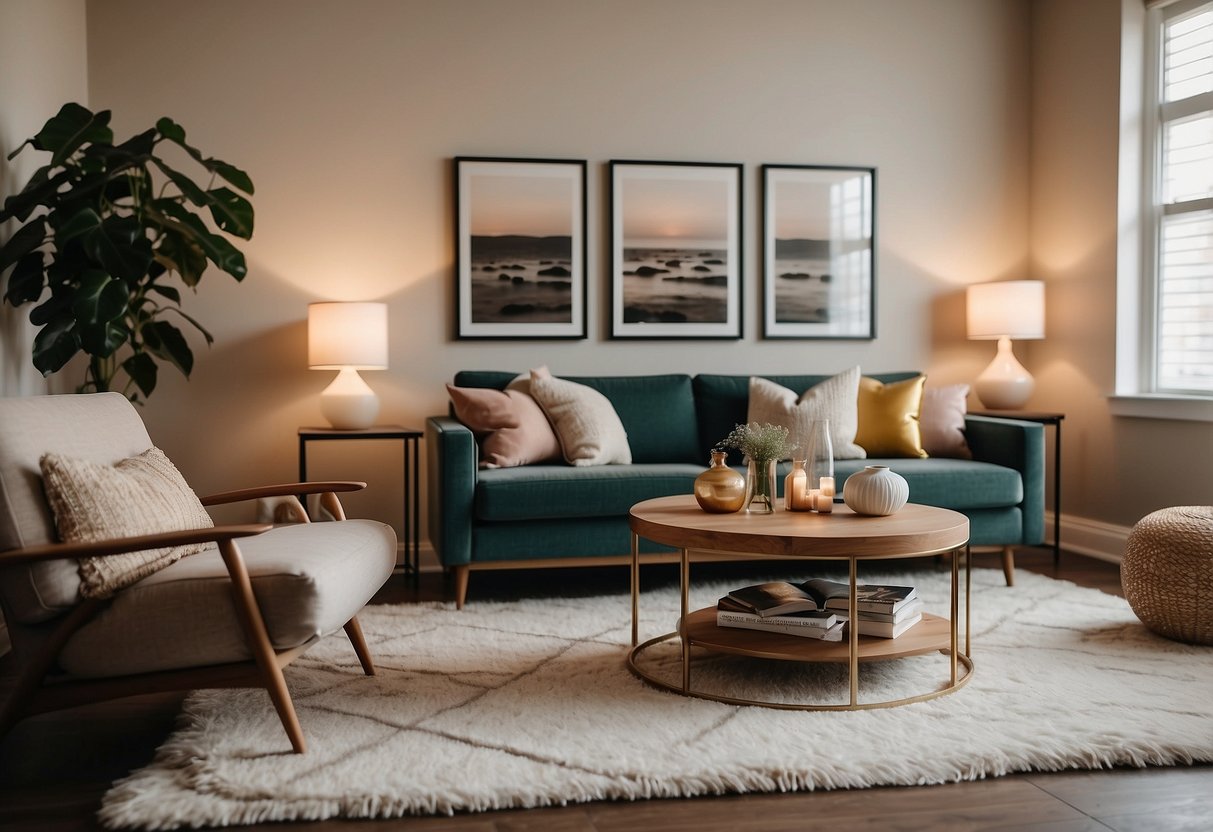 A cozy living room with warm lighting, a fluffy area rug, and a gallery wall of framed artwork. A comfortable sofa with throw pillows and a stylish coffee table complete the inviting space