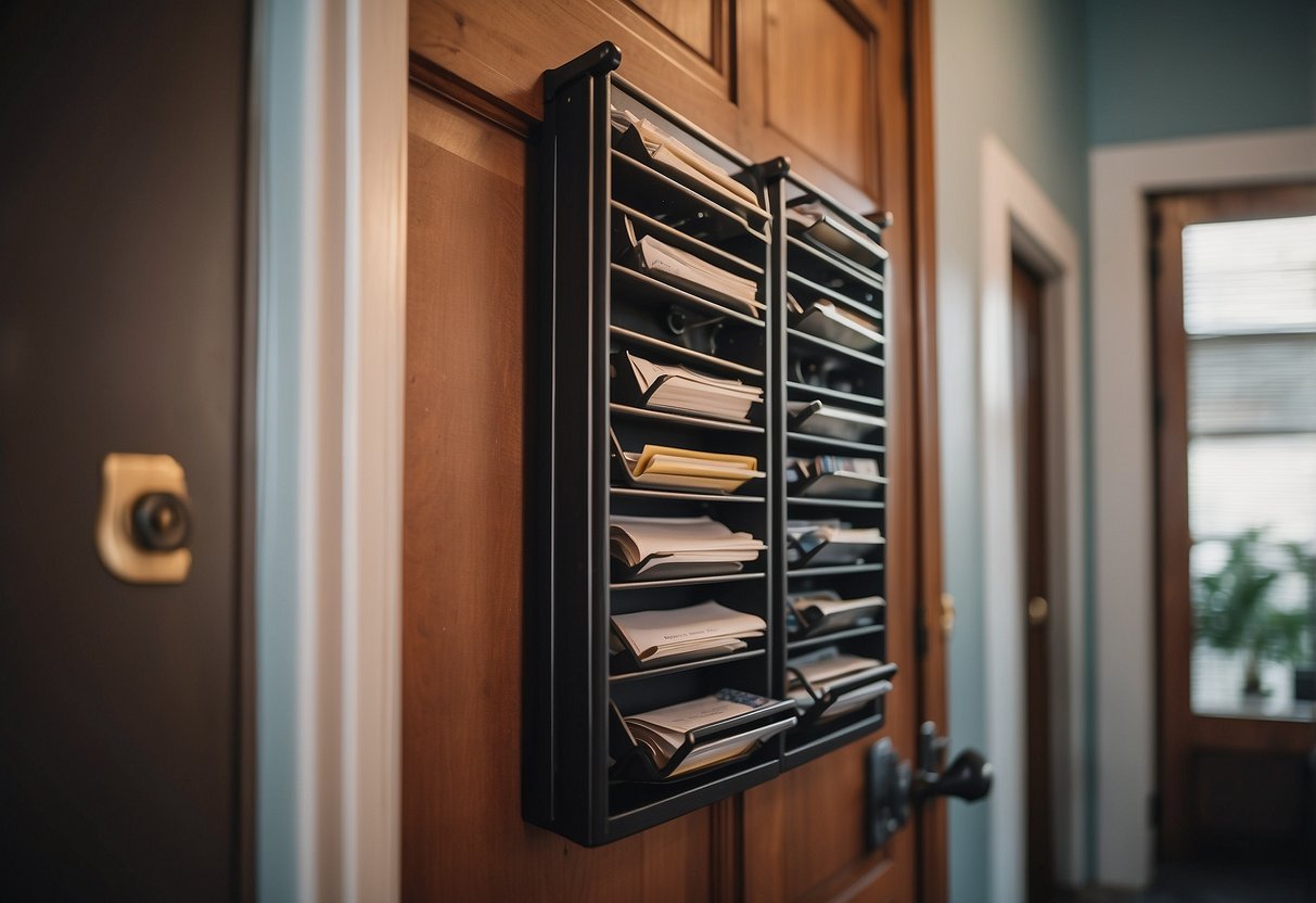 A wall-mounted mail organizer hangs near the front door, with slots for letters and hooks for keys, creating a tidy and welcoming entryway