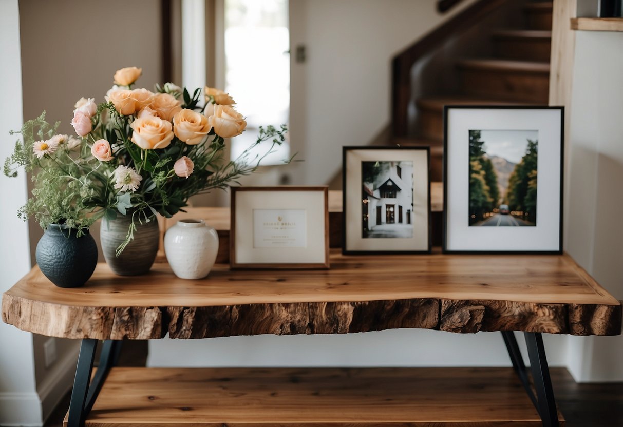 A rustic live edge console table sits against a welcoming entryway, adorned with a vase of fresh flowers and a stack of inviting books