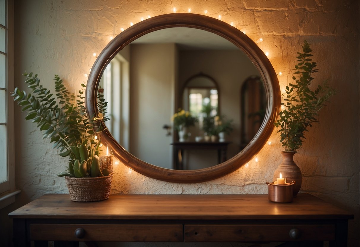 A vintage wall mirror hangs above a rustic entryway table, reflecting the warm glow of a welcoming home decor