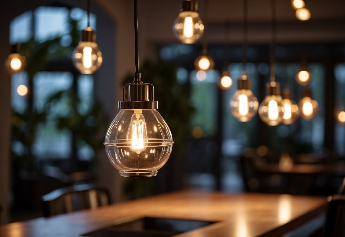 A modern, sleek pendant light hangs above a cozy entryway, casting a warm glow and welcoming ambiance