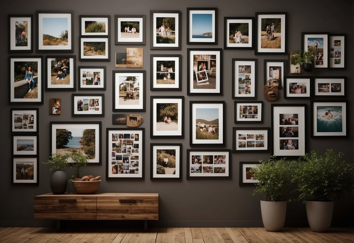 A wall filled with framed family photos, arranged in a gallery style. A warm and inviting home decor idea