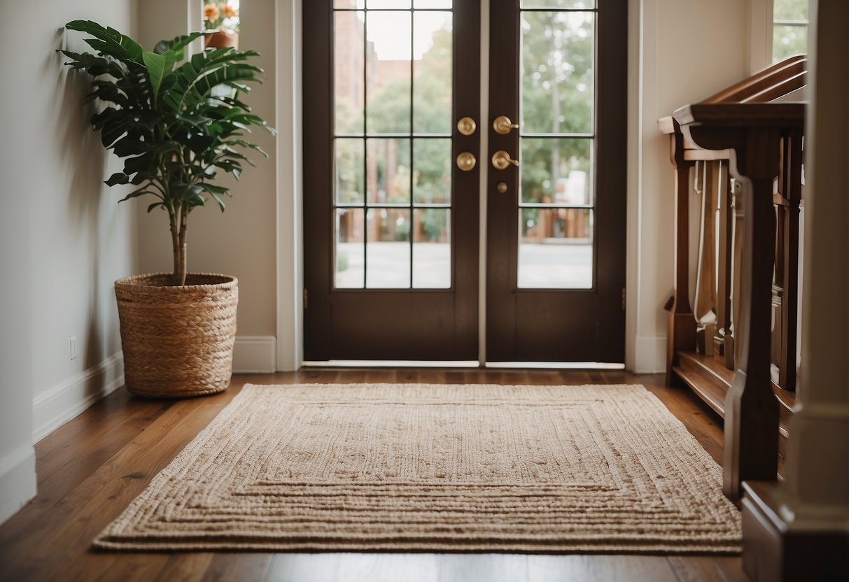 A handwoven entryway rug lies at the foot of a welcoming doorway, adding warmth and charm to the home decor