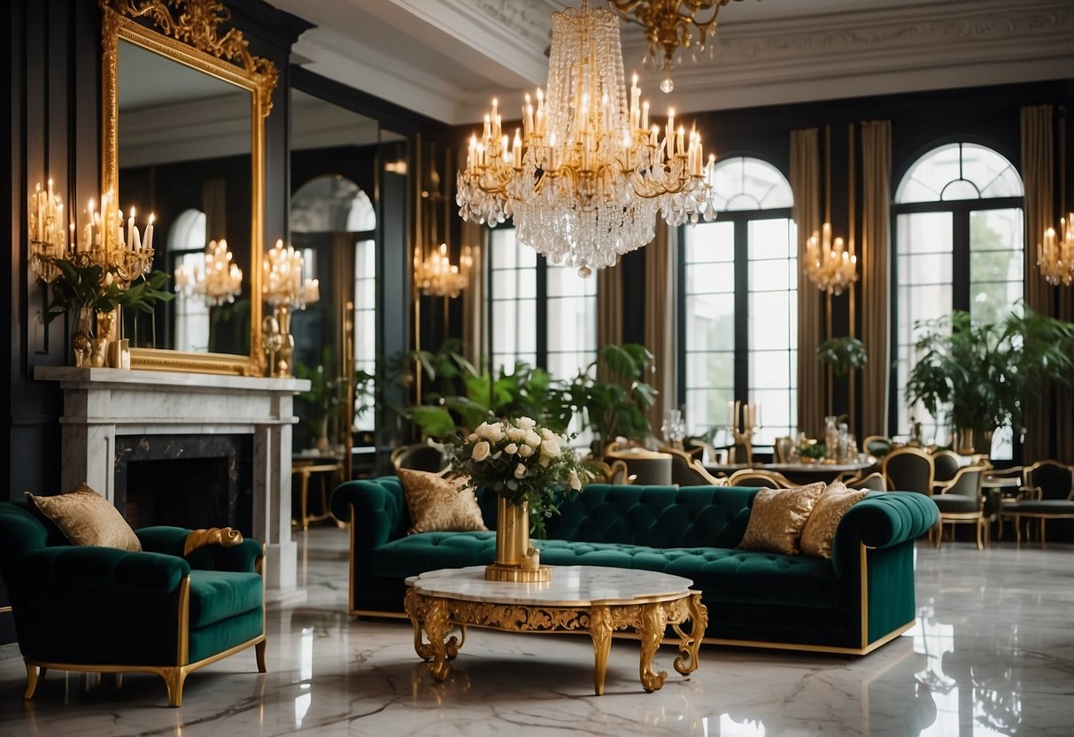 A grand chandelier hangs above a marble fireplace, flanked by ornate mirrors and lush greenery. A velvet sofa and gilded accents complete the opulent decor