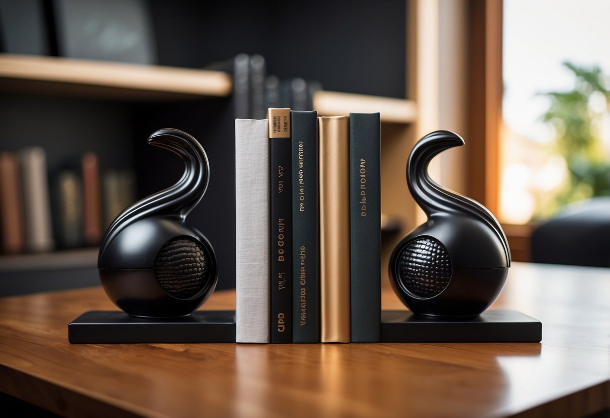 Two sleek, modern bookends stand on a wooden shelf, surrounded by minimalist decor