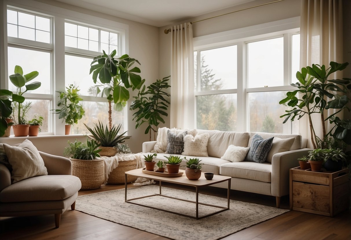 A cozy living room with a modern sofa, a coffee table with succulents, and a gallery wall of framed artwork. Bright natural light streams in through sheer curtains, creating a warm and inviting atmosphere