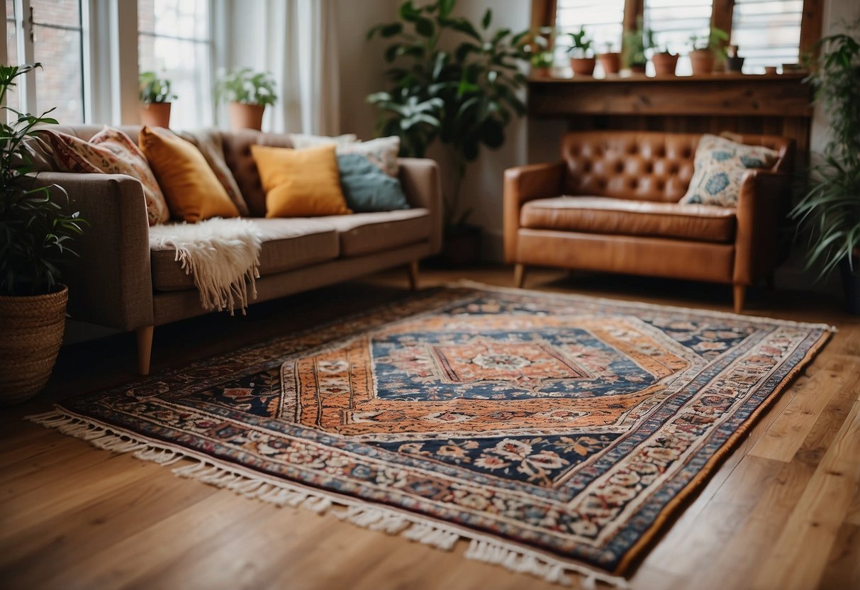 A boho chic rug lies on a hardwood floor in a cozy flat, surrounded by eclectic furniture and vibrant textiles