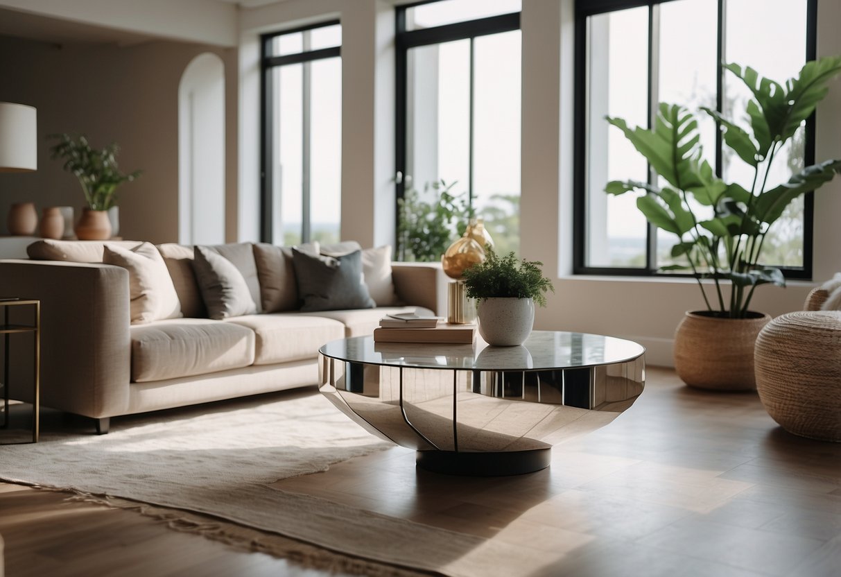 A modern living room with a mirrored accent table, set against a neutral backdrop with minimalist decor and natural light streaming in through the window