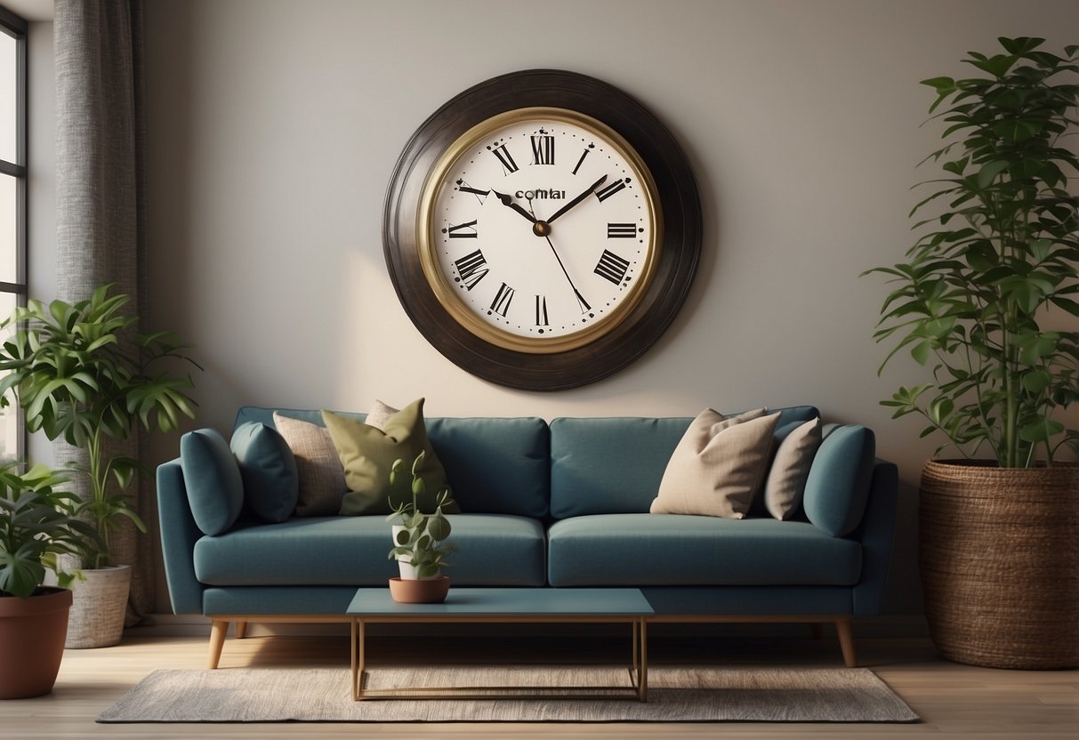 A vintage wall clock hangs above a cozy living room, surrounded by framed artwork and potted plants, adding a touch of old-world charm to the modern flat