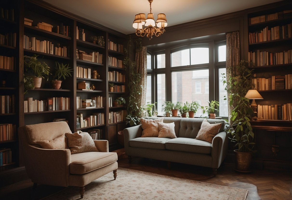 A cozy living room with floral wallpaper, vintage furniture, and soft lighting. A bookshelf filled with books and plants adds a touch of warmth