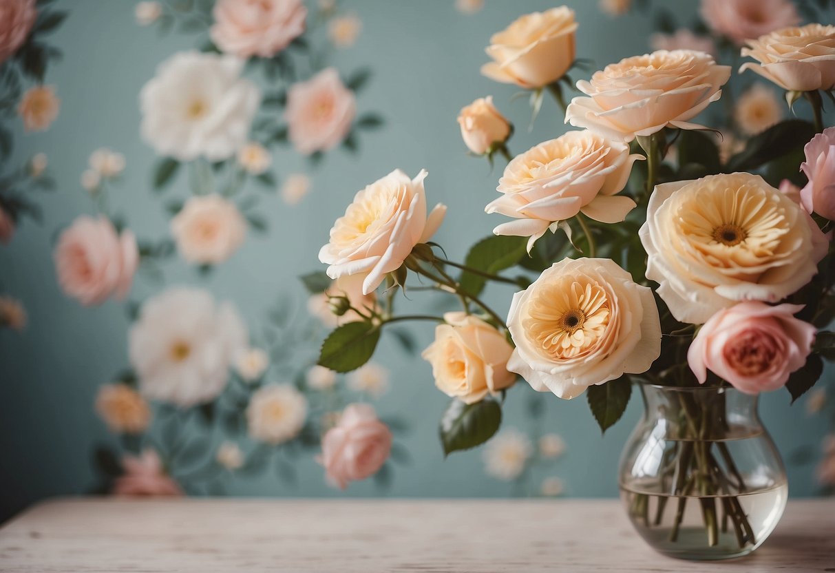 A room with vintage floral wallpaper, featuring delicate roses and daisies in soft pastel colors, creating a charming and nostalgic atmosphere