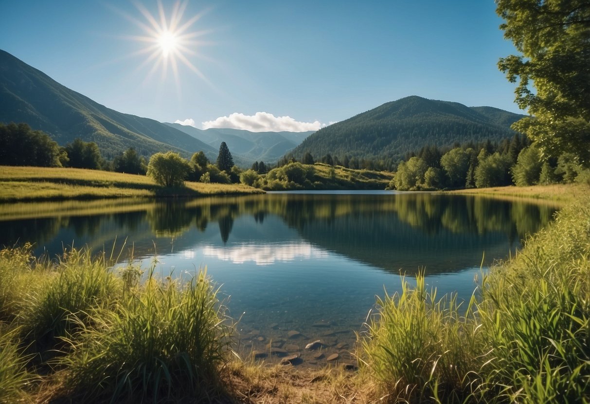 Rolling hills, lush greenery, and a serene lake reflecting the surrounding mountains under a clear blue sky